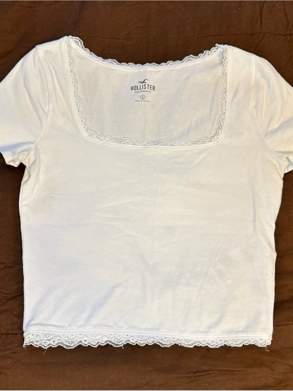Hollister White Lace-Trim Square Neck Crop Tee